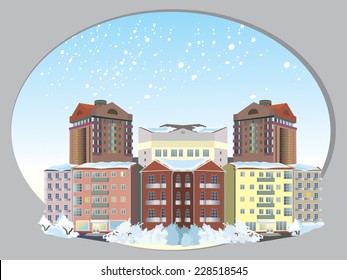 Vector illustration of a winter cityscape of buildings in the vignette