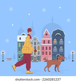 Vector illustration of a winter cityscape. Panorama of the city, winter street, man with a dog. Template for congratulations and invitations, banner, poster, postcard.
