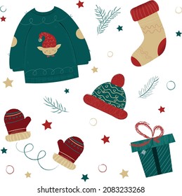 Vector illustration of winter clothes collection. Knitted hat, sock, hand gloves, sweater in Christmas style isolated on white background in cartoon flat style.