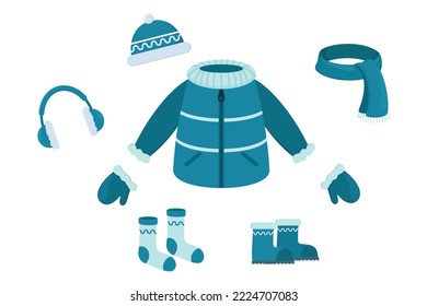 Vector illustration of winter clothes collection. Knitted hat and scarf, socks, hand gloves, Earmuffs, sweater in winter style isolated on white background.