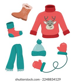 Vector illustration of winter clothes collection with texture in red and green. Knitted scarf and hat, sock, gloves, sweater in Christmas style isolated on white background in cartoon flat style.