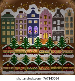 Vector illustration. Winter is coming. Nature landscape. Over a background. Landscape with nature and houses. Holidays Vector illustration. Winter city with trees, cute houses.