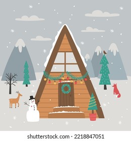 vector illustration, winter composition, beautiful chalet house standing between mountains and pine trees, snowman, deer and fox are sitting next to the house