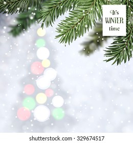 Vector illustration. Winter composition with Christmas tree on snowfall backdrop and fir tree in the foreground.