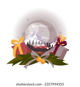 Vector illustration. Winter composition, snow globe, fabulous Christmas.
