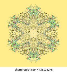 Vector illustration. Winter concept. Winter pattern made of snowflake on yellow, gray and green colors. Flat lay.