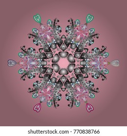 Vector illustration. Winter concept. Winter pattern made of snowflake on pink, gray and white colors. Flat lay.