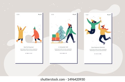 Vector illustration winter concept for website or mobile app page onboard screen. Warmly dressed people are enjoying and relaxing their time outdoors. Merry christmas holiday