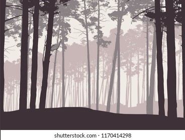 Vector illustration of a winter coniferous forest with pine trees in retro color, under a gray sky with space for text - multiple layers