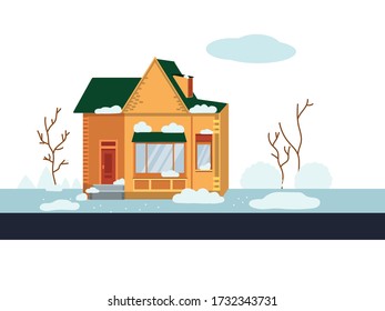 Vector illustration of a winter country house, a brick house with a green roof on the background of a winter landscape vector illustration, Hello winter