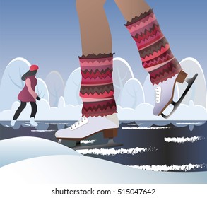 Vector illustration of winter countryside. People on ice rink.