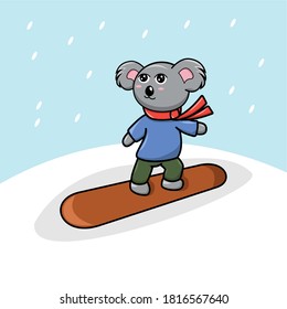 Vector illustration winter cute koala character playing snowboard. Can use for advertising, sticker, t-shirt design, books, and promotions