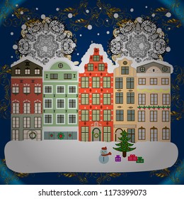 Vector illustration. Winter day in cosy town street scene. Classic European houses landscape with Christmas holiday decorations. Buildings and facades. Vector illustration. Snowfall on Christmas eve.