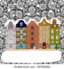 Vector illustration. Winter day in cosy town street scene. Classic European houses landscape with Christmas holiday decorations. Snowfall on Christmas eve. Buildings and facades.