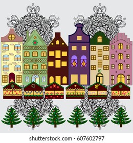 Vector illustration. Winter day in cosy town street scene. Classic European houses landscape with Christmas holiday decorations. Snowfall on Christmas eve. Buildings and facades. Vector illustration.