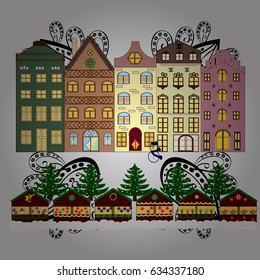 Vector illustration. Winter day in cosy town street scene. Classic European houses landscape with Christmas holiday decorations. Snowfall on Christmas eve. Buildings and facades. Vector illustration.