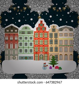 Vector illustration. Vector illustration. Winter day in cosy town street scene. Buildings and facades. Snowfall on Christmas eve. Classic European houses landscape with Christmas holiday decorations.