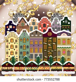 Vector illustration. Vector illustration. Winter day in cosy town street scene. Buildings and facades. Snowfall on Christmas eve. Classic European houses landscape with Christmas holiday decorations.