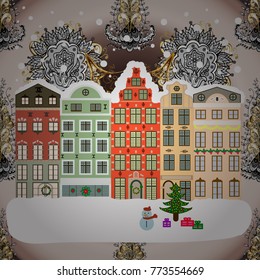 Vector illustration. Winter day in cosy town street scene. Buildings and facades. Classic European houses landscape with Christmas holiday decorations. Vector illustration. Snowfall on Christmas eve.