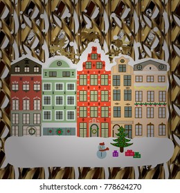 Vector illustration. Winter day in cosy town street scene. Classic European houses landscape with Christmas holiday decorations. Buildings and facades. Vector illustration. Snowfall on Christmas eve.