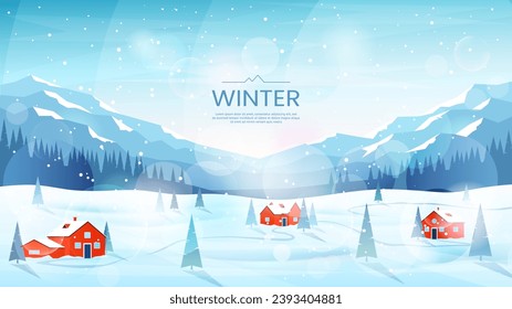 Vector illustration. Winter day in the mountains. Spruce trees and houses in snowdrifts. Mountain ranges and forest in the background. Snowfall. Design for banner, card, flyer, web background.