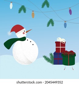  Vector illustration of winter, December, a snowman with gift boxes and a garland. New Year and Christmas illustration of the holiday and happiness is used for postcards, banners