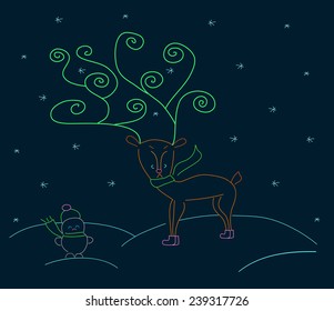 vector illustration of winter deer and snowman