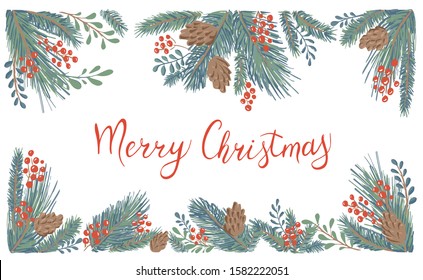 Vector illustration of Winter design frame with white background. Green twigs, pine, fir, cones, red berries, winter plants. template wish text Merry Christmas