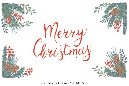 Vector illustration of Winter design frame with white background. Green twigs, pine, fir, cones, red berries, winter plants. template wish text Merry Christmas