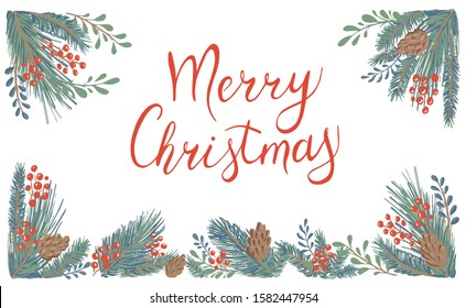 Vector illustration of Winter design frame with white background. Green twigs, pine, fir, cones, red berries, winter plants. template wish text Merry Christmas