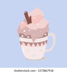 Vector illustration winter drink, christmas eggnog, hot winter drink with cream and cinnamon sticks