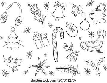 VECTOR ILLUSTRATION WINTER ELEMENTS AND OBJECTS COLLECTION, ONE LINE OUTLINE DRAWING, WINTER AND NEW YEAR'S OBJECTS BLACK AND WHITE