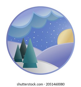 Ilustración vectorial del bosque nocturno de invierno con luna, nubes y nieve