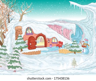 Vector illustration, winter fairy house, card concept.