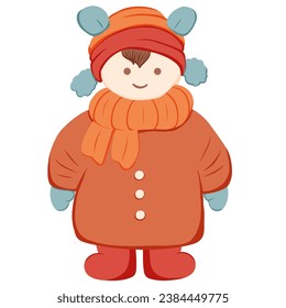 Vector illustration of winter fashion clothes, cartoon child wearing warm clothes.