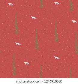 Vector illustration. Winter fir trees and fox silhouettes on snowfall . Element of seamless pattern. Paper design. Textile print design.