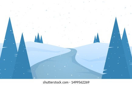 Vector illustration: Winter flat landscape with road, pines and hills.