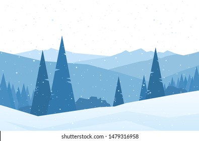 Vector illustration: Winter flat Mountains landscape with snowy hills and pines. Christmas background
