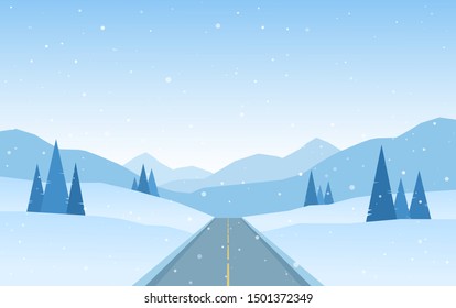 Vector illustration: Winter flat snowy Mountains landscape with road, pines and hills.