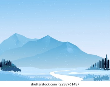 Ilustración vectorial del paisaje montañoso llano de invierno con carreteras, pinos, cañones y montañas.