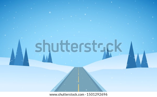 ベクターイラスト 道 松 丘を持つ冬の平らな雪景色 のベクター画像素材 ロイヤリティフリー 1501292696