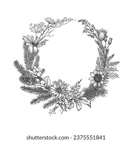 Vector illustration of winter floral wreath with flowers, plants, spruce and pine branches and pine cones for Christmas cards