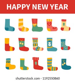 Vector illustration: winter foot clothes: set of 15 blue, red and yellow woolen socks isolated on white background. Decorative elements for Christmas greeting cards, fabrics, wallpaper, wrapping paper