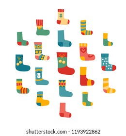 Vector illustration: winter foot clothes: set of 19 blue, red and yellow woolen socks isolated on white background. Decorative elements for Christmas greeting cards, fabrics, wallpaper, wrapping papeк