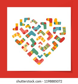 Vector illustration: winter foot clothes: set oolen socks composition in heart shape isolated on white background. Decorative elements for Christmas greeting cards, posters, srapbooking, postcards