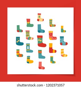 Vector illustration: winter foot clothes: set bright woolen socks with presents isolated on white background. Decorative elements for Christmas greeting cards, poster, postcard, scrapbook page