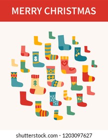 Vector illustration: winter foot clothes: set of blue, red and yellow woolen socks isolated on white background. Decorative elements for Christmas greeting cards, posters, postcard, scrapbooking paper