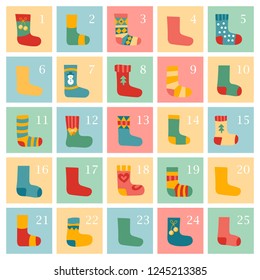 Vector illustration: winter foot clothes: Advent calendar with set of 25 bright socks isolated on bright backgrounds. Decorative elements for Christmas greeting cards, postcards, scrapbooking page