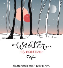 Vector illustration of winter forest with calligraphy text for greeting cards, banners, flyers. Winter  typography poster. Winter forest template.