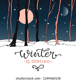 Vector illustration of winter forest with calligraphy text for greeting cards, banners, flyers. Winter  typography poster. Winter forest template.